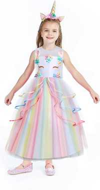Sukienka tiulowa, tęczowa, strój + opaska jednorożec, r.170