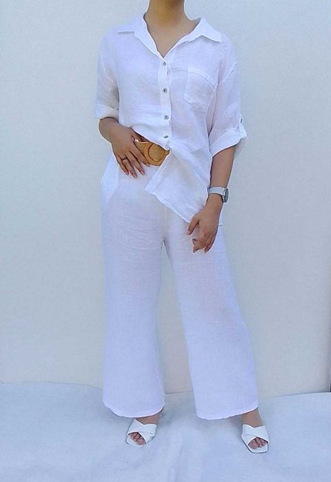 Nowy Lniany komplet szerokie spodnie koszula 100% len puro S M L uni