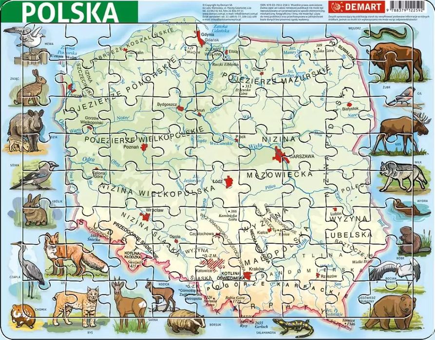 Puzzle ramkowe 72 elementy. Mapa fizyczna Polski. Demart