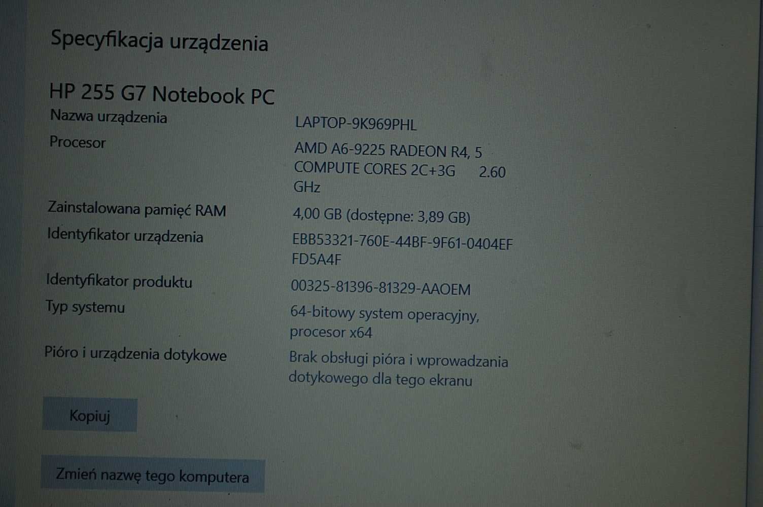 Laptop HP 255 G7 15,6" AMD A6 4G / 256GB SSD/Amd Radeon R4 Graphics