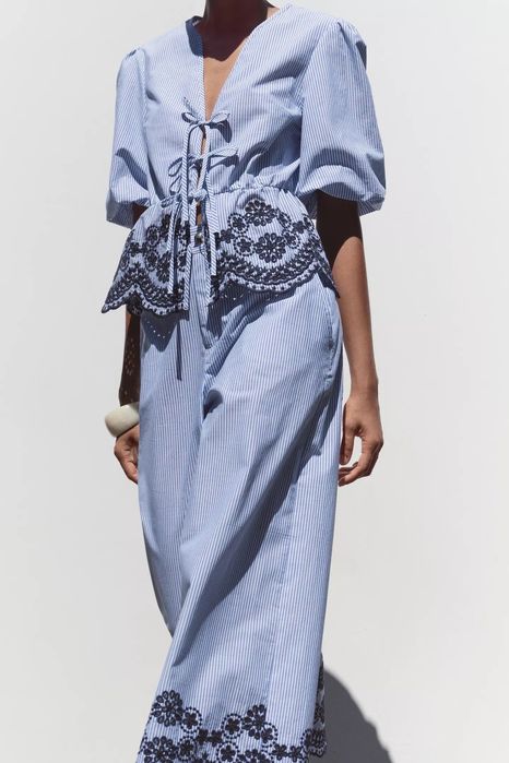 ZARA блакитний костюм котоновий кюлоти блуза в смужку хлопковый синий