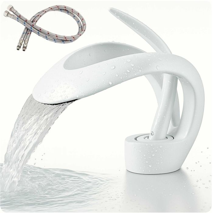 Bateria umywalkowa BIAŁA Nowoczesny kran łazienkowy nablatowy wodospad