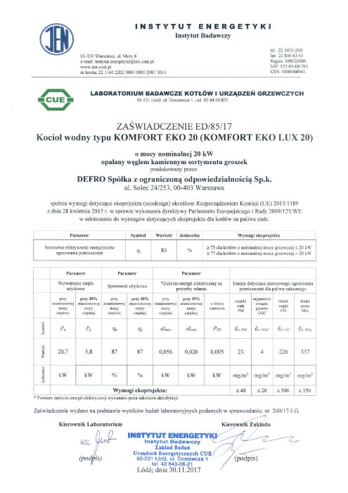 Kocioł, piec na eko-groszek DEFRO KOMFORT EKO LUX 20 kW - LEWY / PRAWY