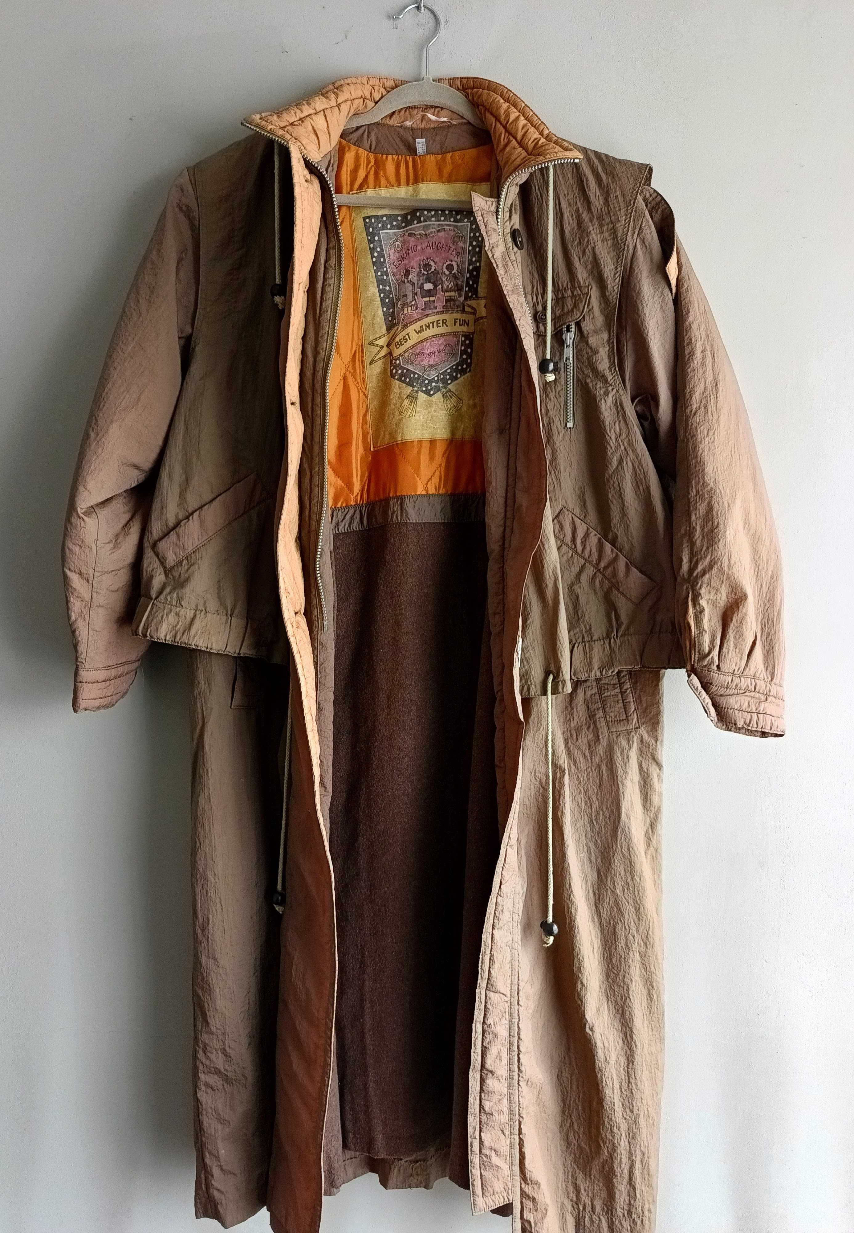 Kurtka długa parka trencz płaszcz brązowy wełna vintage