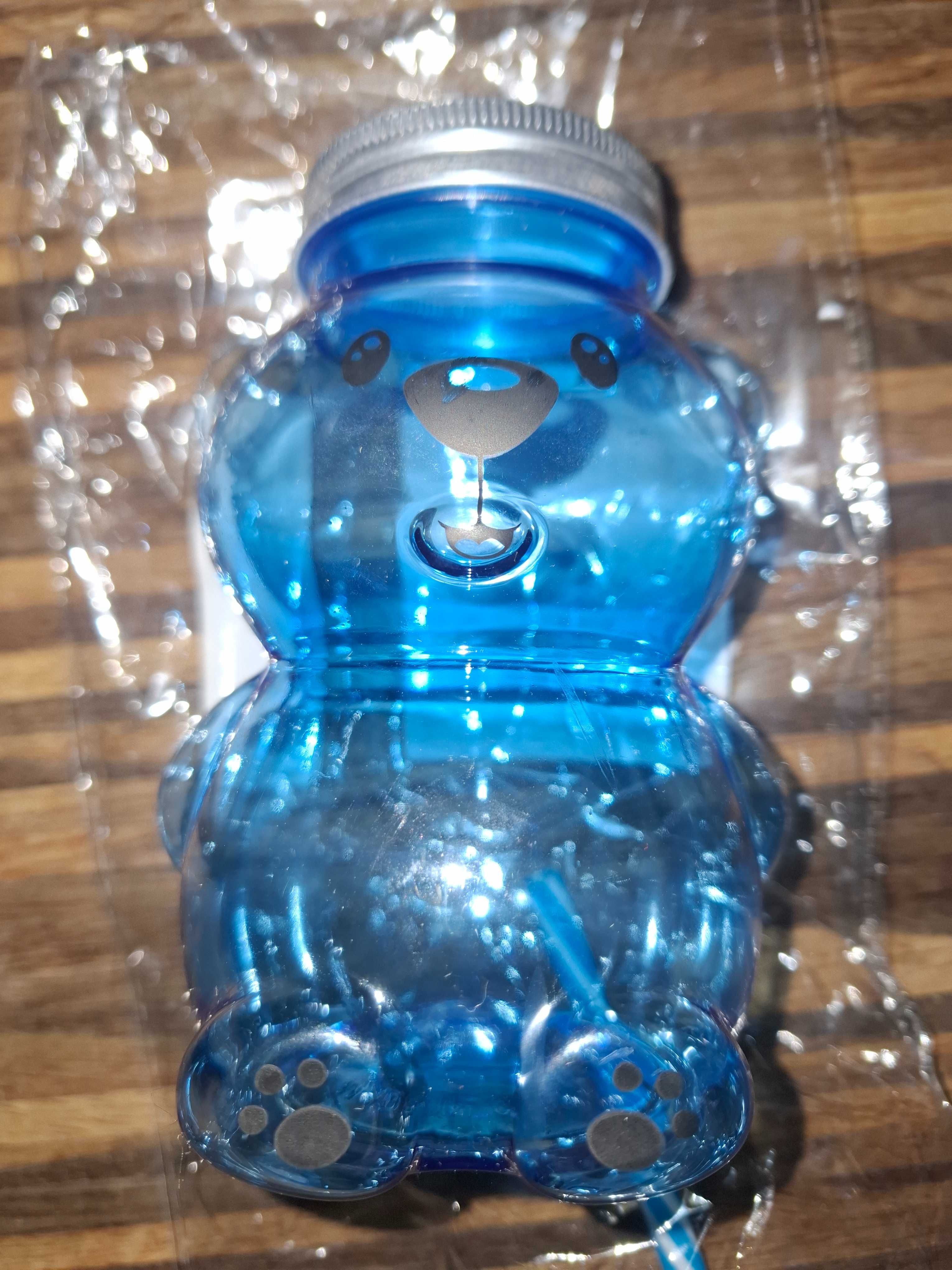 Nowy niebieski plastikowy kubek/słoik miś ze słomką