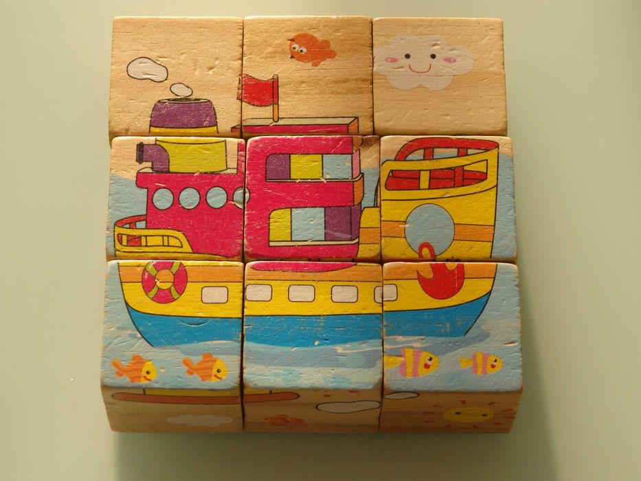 Drewniana układanka kostki a'la puzzle pojazdy 6 obrazków 9 kostek