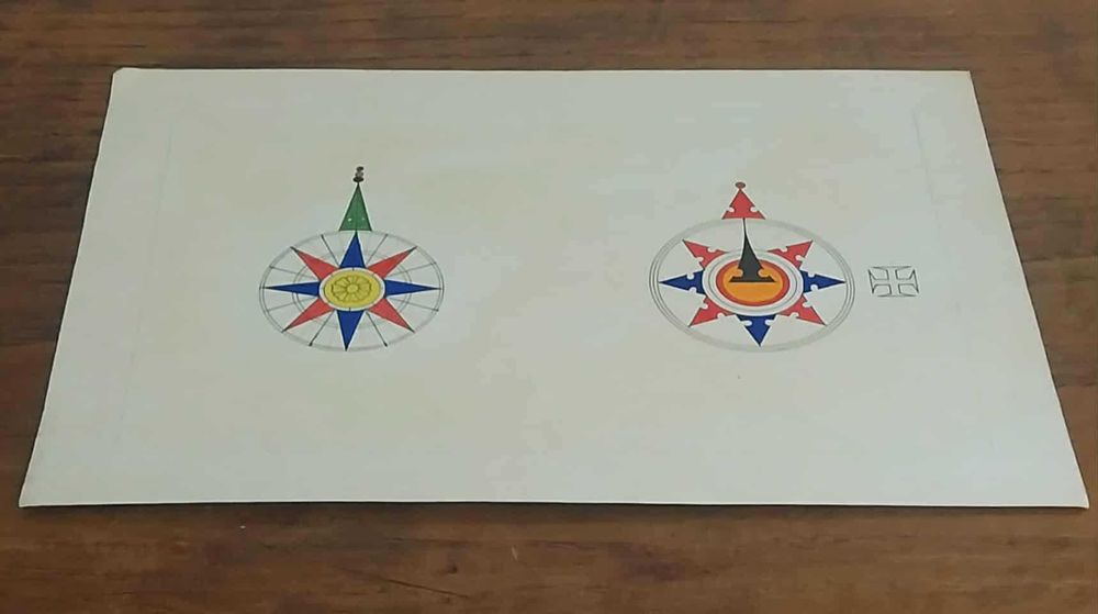 Invulgar Gravura VINTAGE de 2 Rosas dos Ventos Históricas da Cartog.