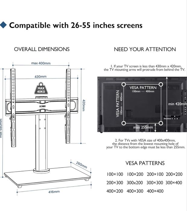 Suporte TV de pé universal para ecrãs de 26 a 55 polegadas