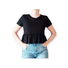 Czarny krótki crop top bluzka damska koszulka z baskinką falbaną M
