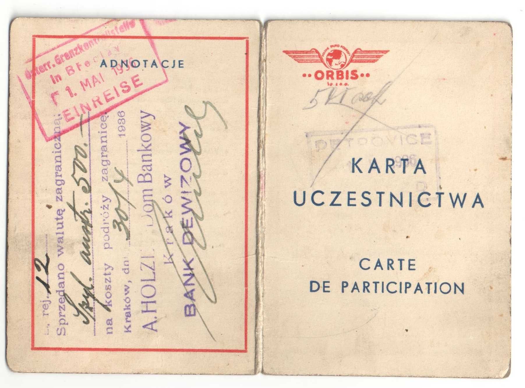 Dokument osobisty zamiast paszportu Polska judaik Kraków 1936