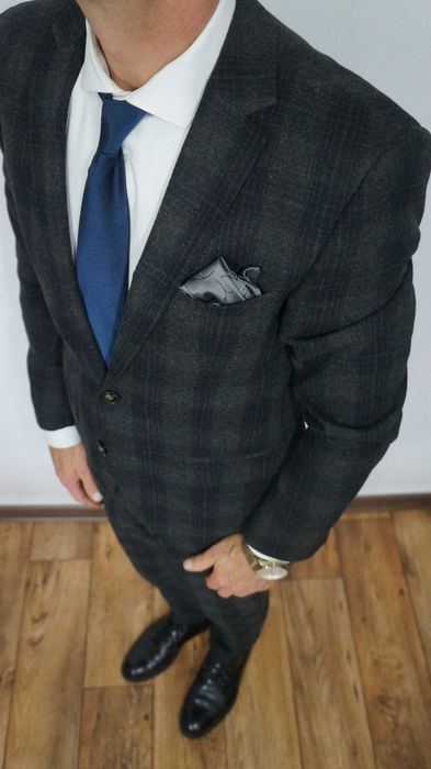 Garnitur H&M Wełna Rozmiar 46 170/92/80 Slim Fit Kolor Szary Krata