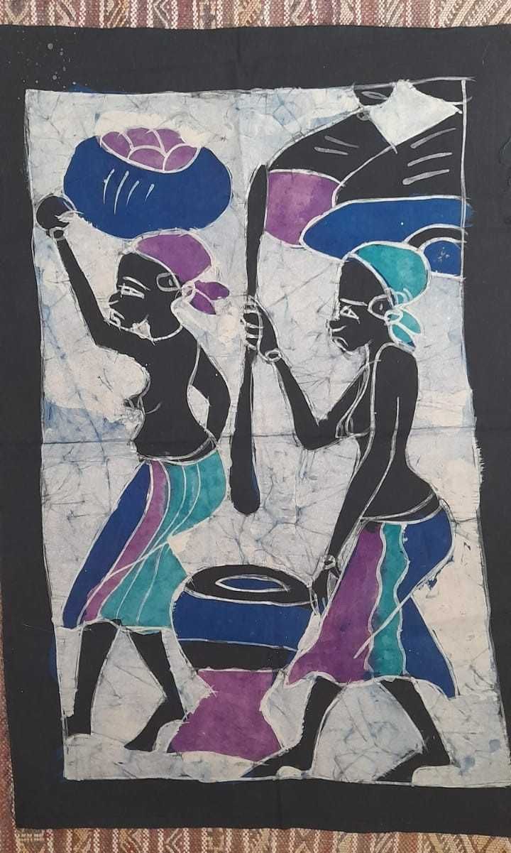 Tela em Batik senegalesa com mulheres a trabalhar