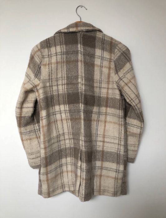 Kurtka płaszcz żakiet H&M 34/36 XS/S krata dwurzędowy beżowy beż