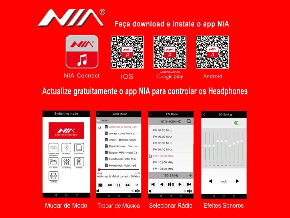 Headphone NIA Q8 Stereo Bluetooth, Música (cartão Micro SD), Rádio