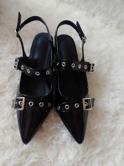 (39/40) Czarne baleriny biznesowe z odkrytą piętą z Londynu, NOWE