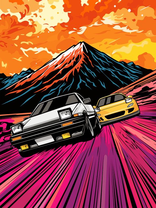 Plakat metalowy kolorowy nadruk Komiksowy samochody motoryzacja góra
