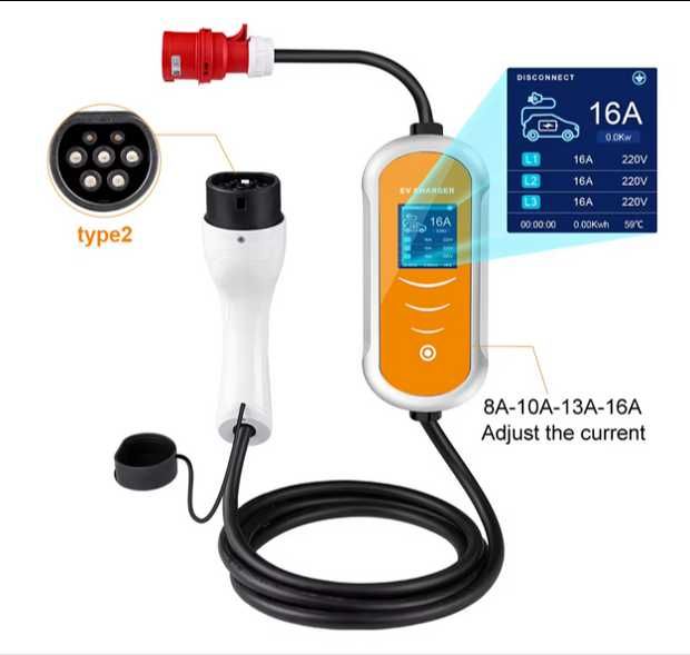 Carregador Portátil 11 kw - 16A -Tipo 2 - Eletricos e Hibridos