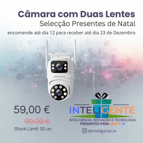 Câmara com Duas Lentes · Visão Total 360° · IA de Rastreamento - NOVO