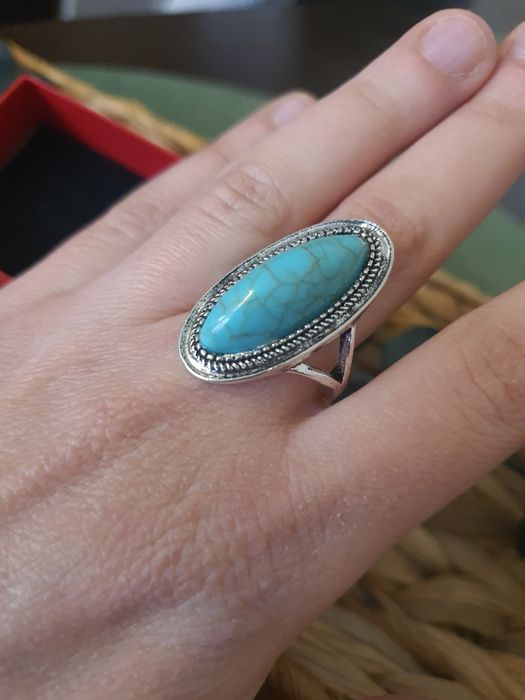 Duży Pierścionek z Turkusem Stylizowany na Stare Srebro Turkus