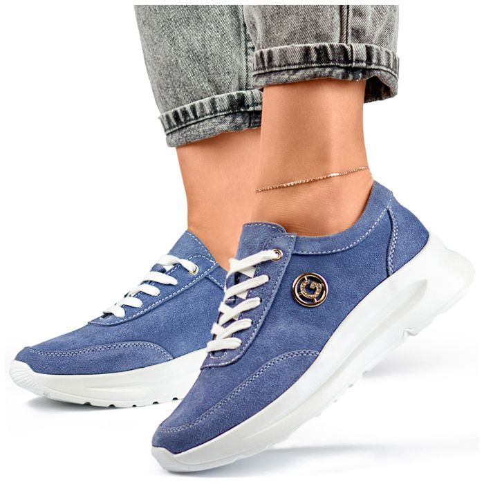 Sneakersy Damskie Ze Skóry Naturalnej W Kolorze Jeans