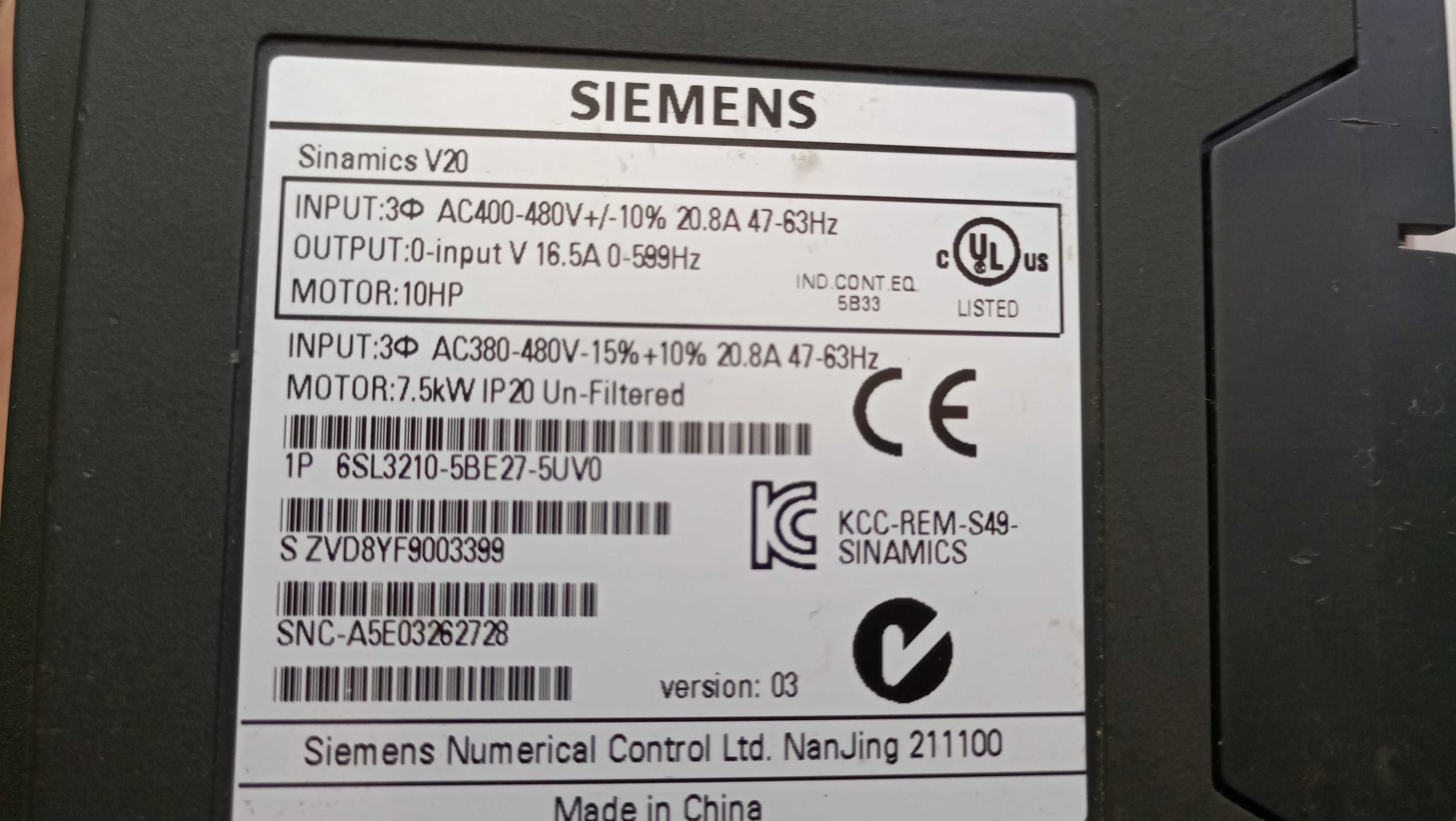 Преобразователь частоты Siemens SINAMICS V20, P=7,5 кВт
