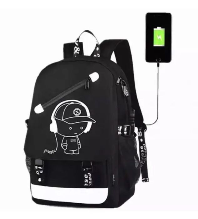 Водонепроницаемый рюкзак мusic с USB светящийся в темноте черный