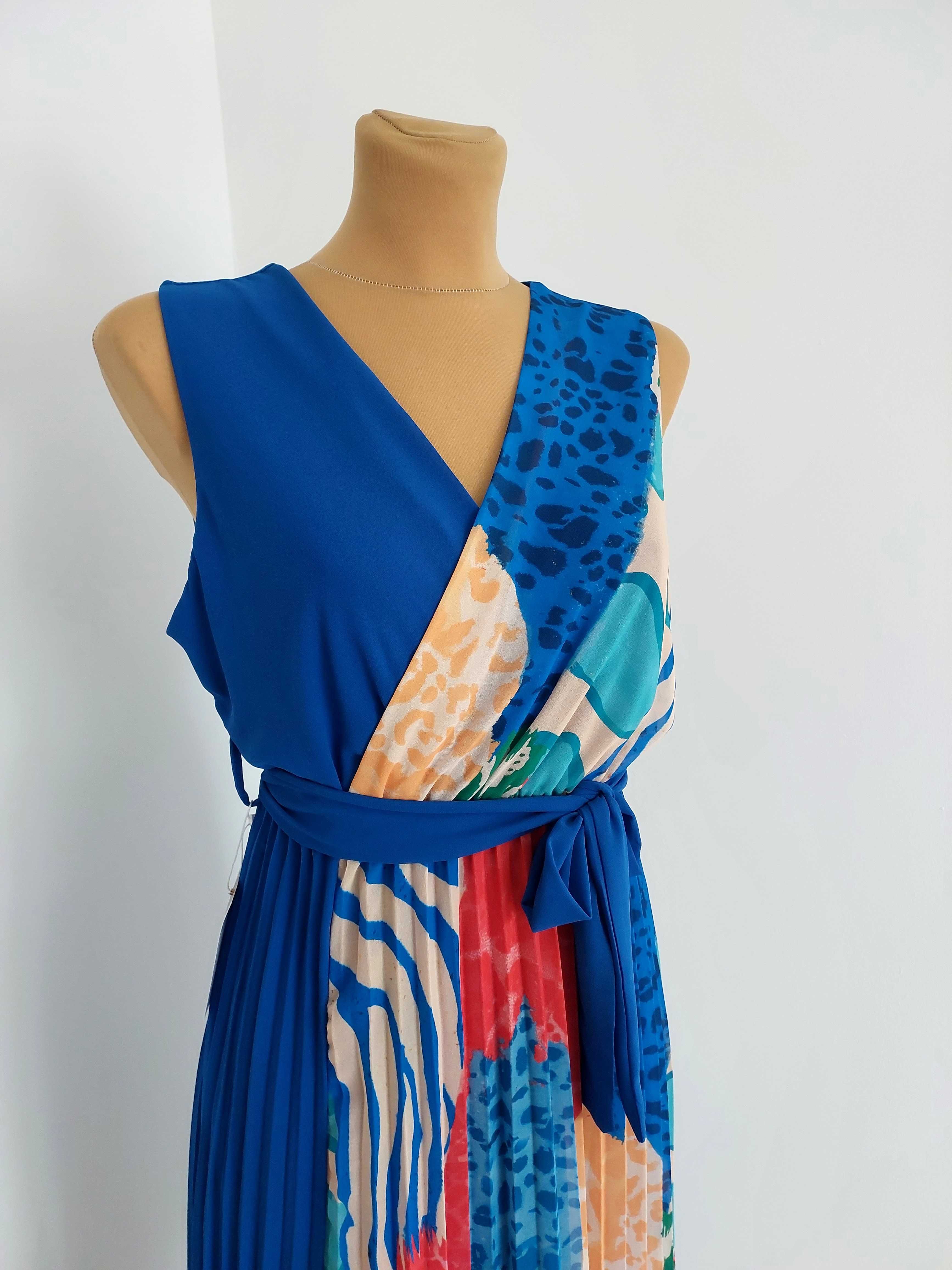 Elegancka Midi Wzorzysta Sukienka Z Paskiem Plisowany Dół Kobalt L 40