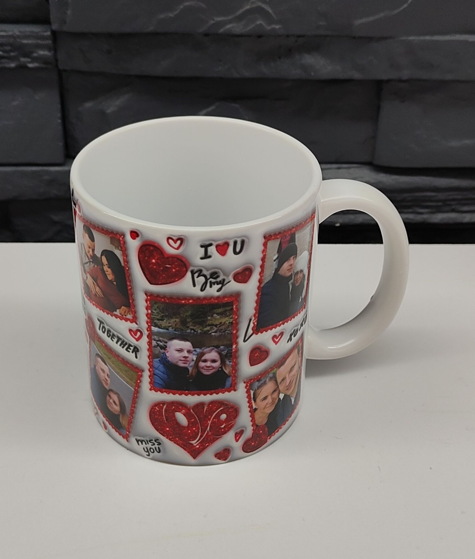 Kubek na Walentynki 330ml 10 zdjęć dla zakochanych 3D serca brokat nap