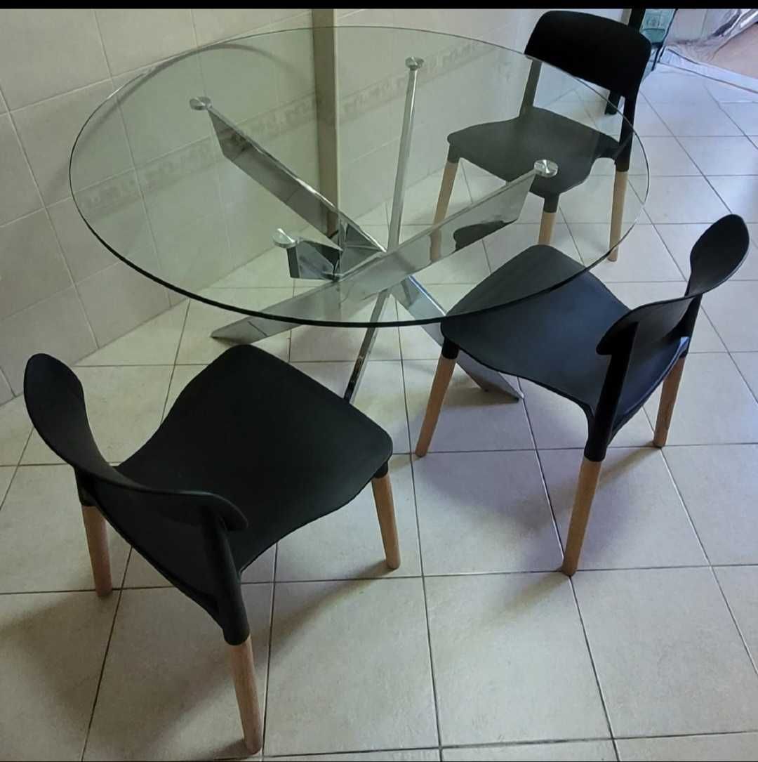 Mesa de vidro redonda 120cm pés metal, cromado.