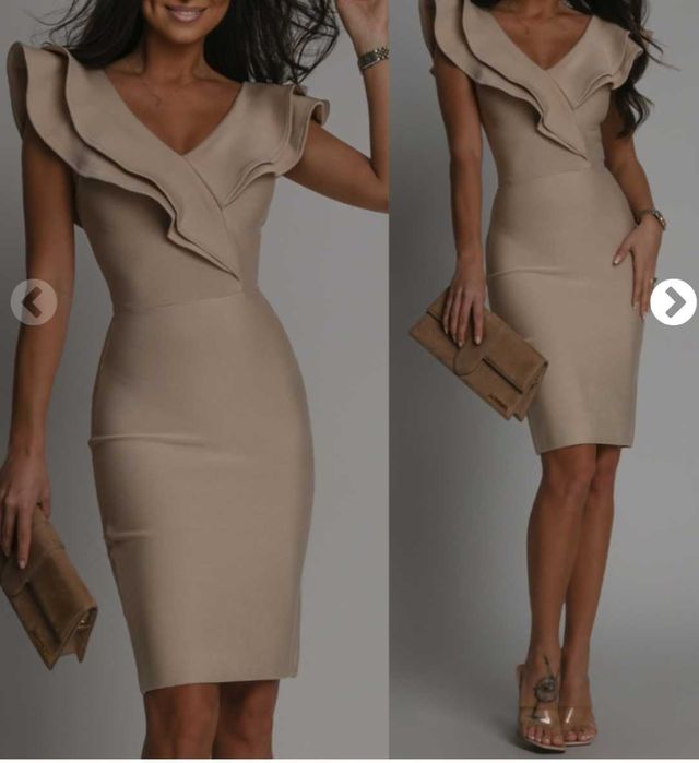 Beżowa sukienka bandazowa falbana