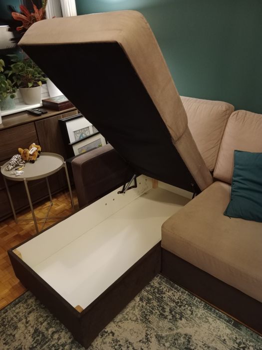 Kanapa narożnik sofa z funkcją spania z pojemnikiem na pościel beżowa