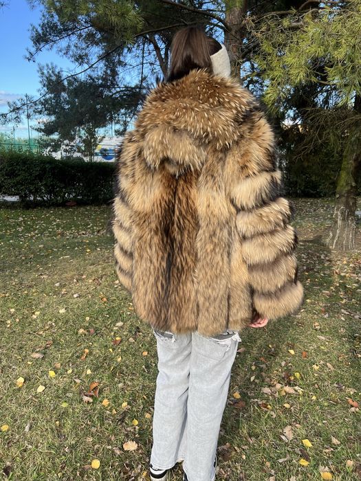 Futro naturalne z jenota 2w1 z kapturem