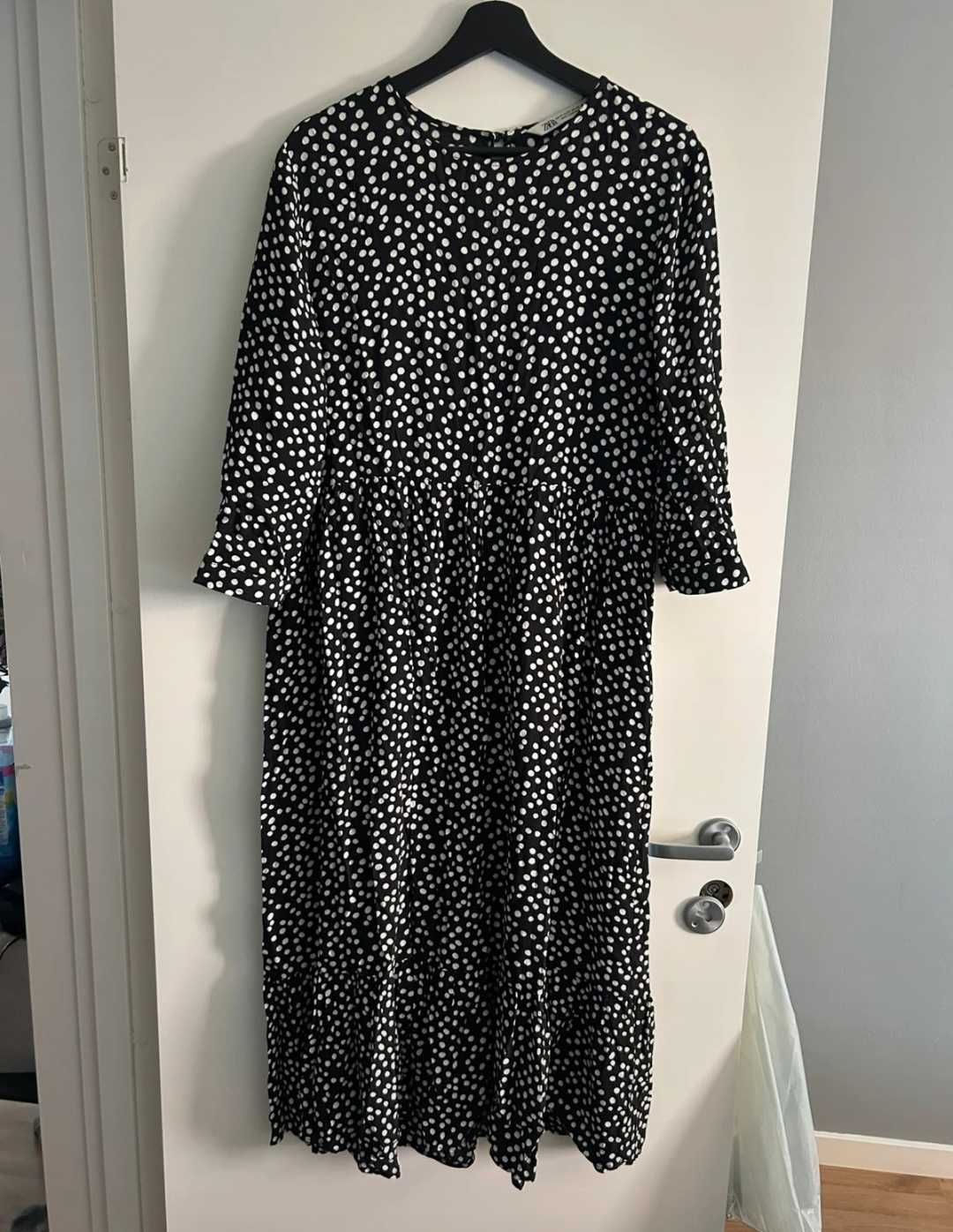 Zara czarna maxi MIDI sukienka w grochy kropki falbany wiskoza S