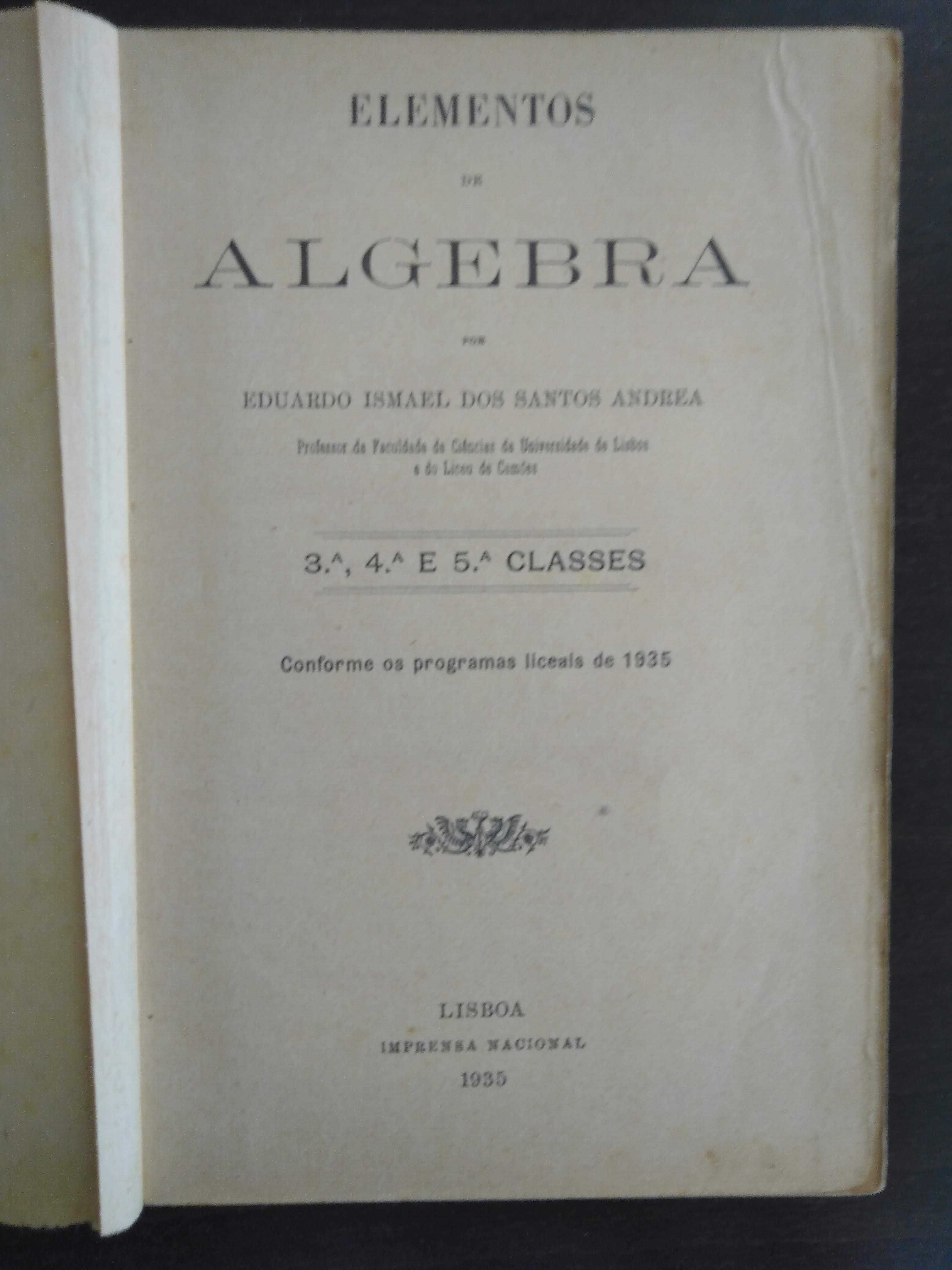 livro: Prof. Andrea "Elementos de álgebra - 3ª, 4ª e 5ª classes"