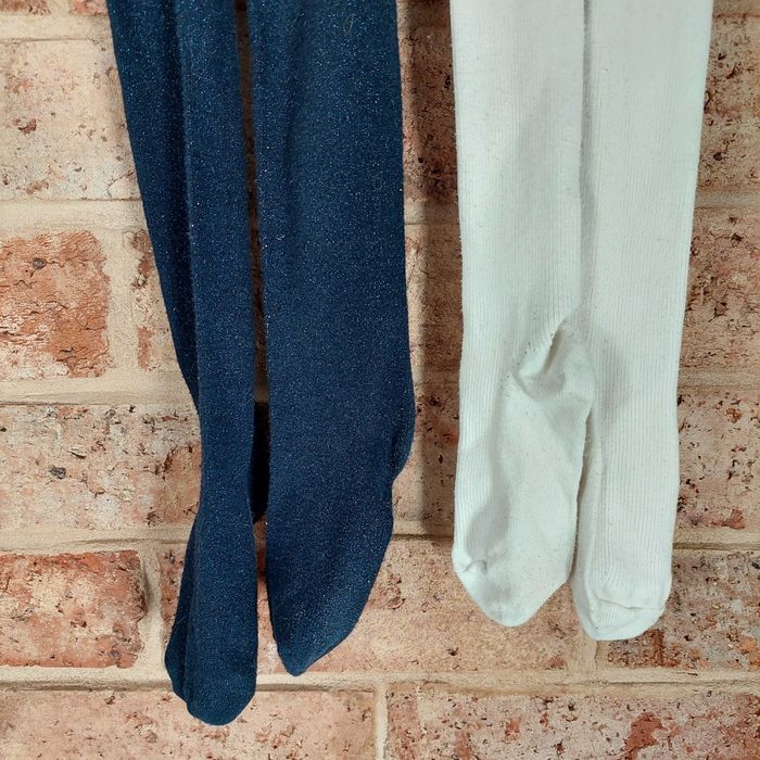 2 PARY rajstopy rajtki bawełniane 122-128 : granatowe i białe