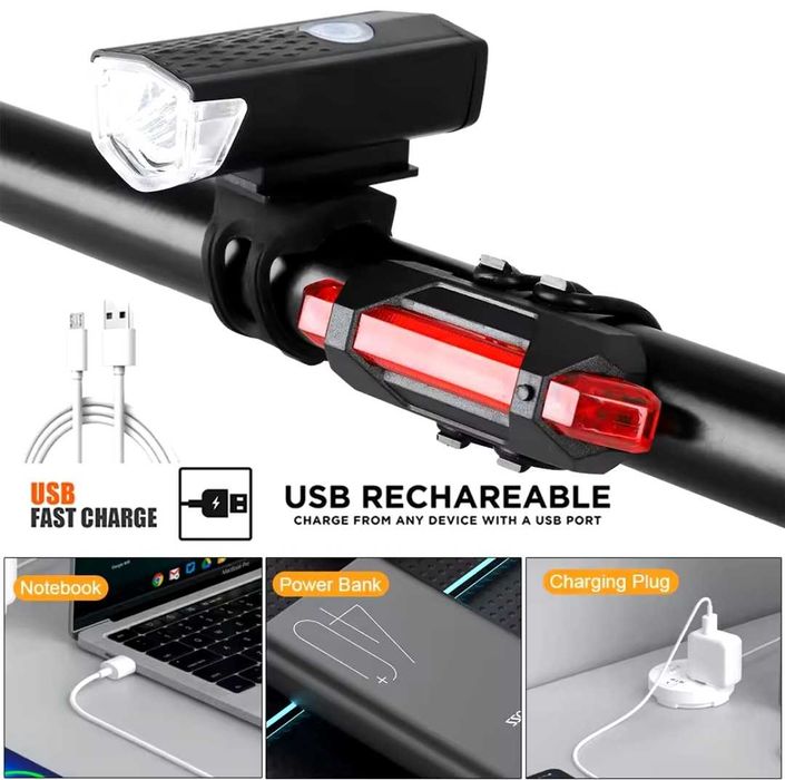 Zestaw lampki rowerowe led przednia tylnia zestaw nowe aku usb