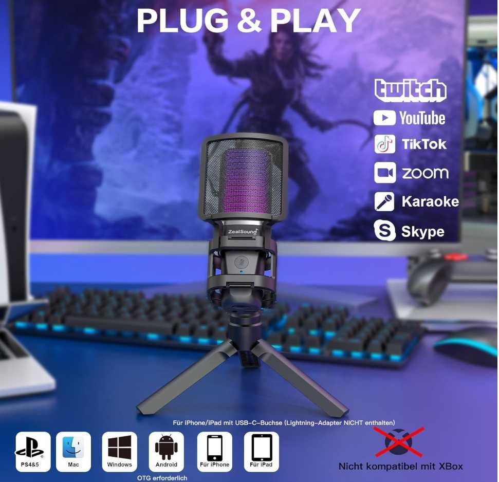 zealsound Mikrofon gamingowy USB PC, do streamingu podcast Studio