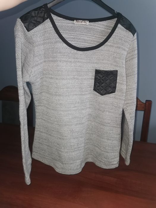 Szary, melanżowy sweter, sweterek z wstawkami z eko skóry L XL 40 42