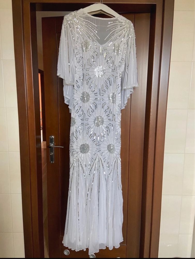 Virgos lounge biała sukienka cekinowa maxi Zdobiona L 40 xl 42