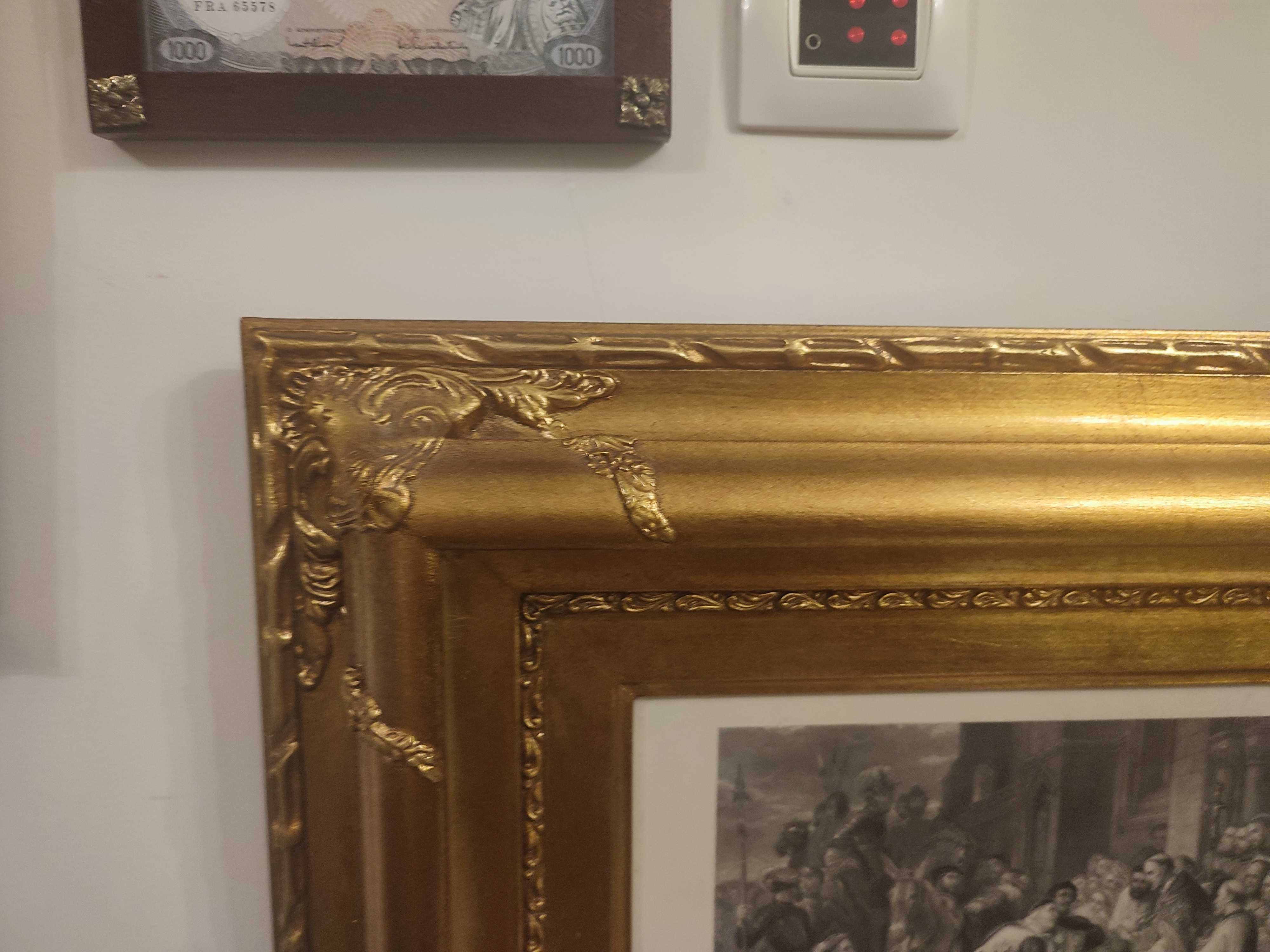 Quadro moldura folha de ouro gravura preto e branco - luxo