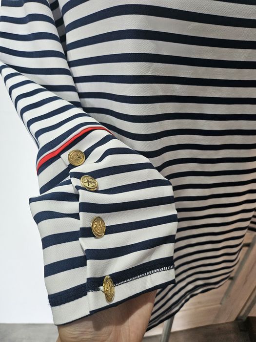 Bluzka elegancka na długi rękaw w biało granatowe paski