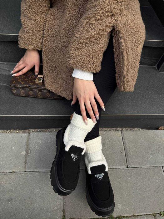 Жіночі зимові лофери (36 37 38) чорні з хутром, замшеві, угги угі уггі