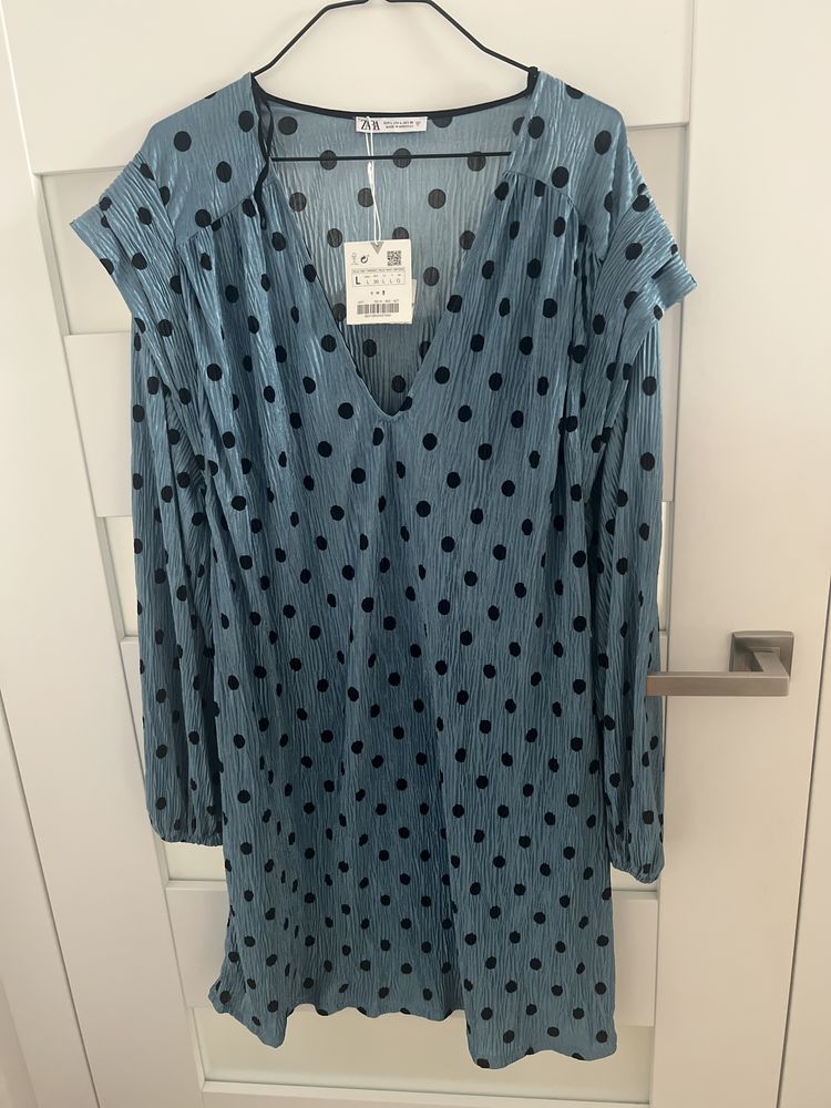 Nowa sukienka Zara niebieska groszki bufki kropki L