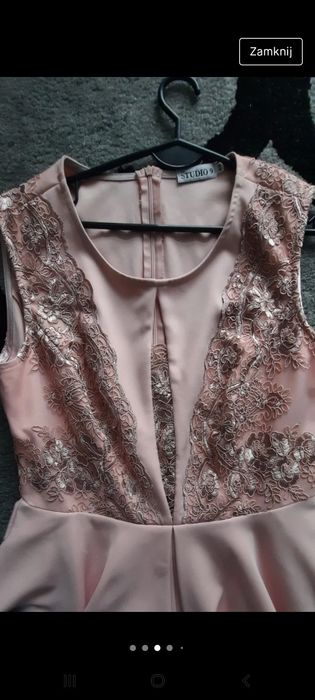 Piękna sukienka na chrzest, komunie, wesele pudrowy róż koronka roz.46