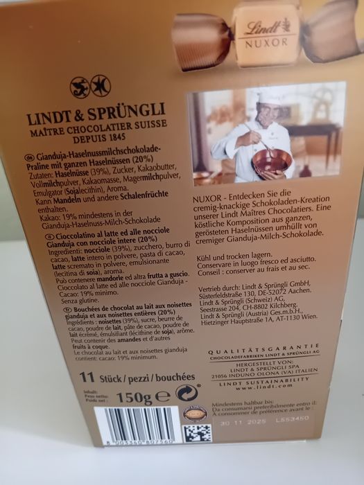 Zestaw 3 Sztuk Pralin LINDT Nuxor Gianduja Milch 150G.