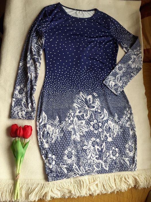 Elastyczna Sukienka niebieska koktajlowa z długim rękawem L M 65% bawe