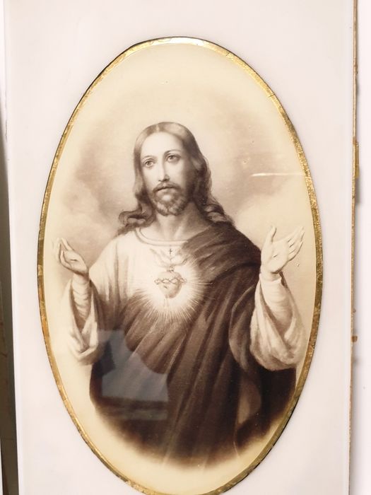 Par de grandes antigas imagens Sagrado Coração Maria e Jesus