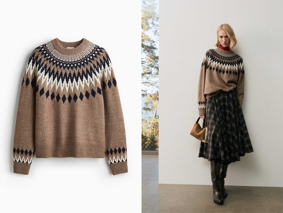 Sweter S nowa kolekcja beżowy wzór norweski wełna PROMOCJA pulower