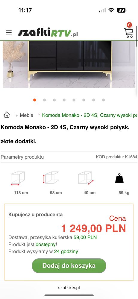 Komoda Monako - 2D 4S, Czarny wysoki połysk, złote dodatki.