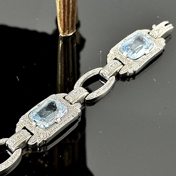 Srebrna bransoletka z Akwamarynami Art Deco z ok. 1920 roku, próba 800